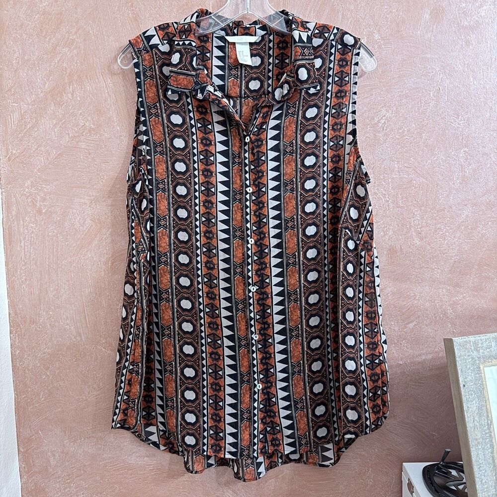 H & M Women's Sleeveless Collared Mesh Printed Button Front Shirt Top Size 14